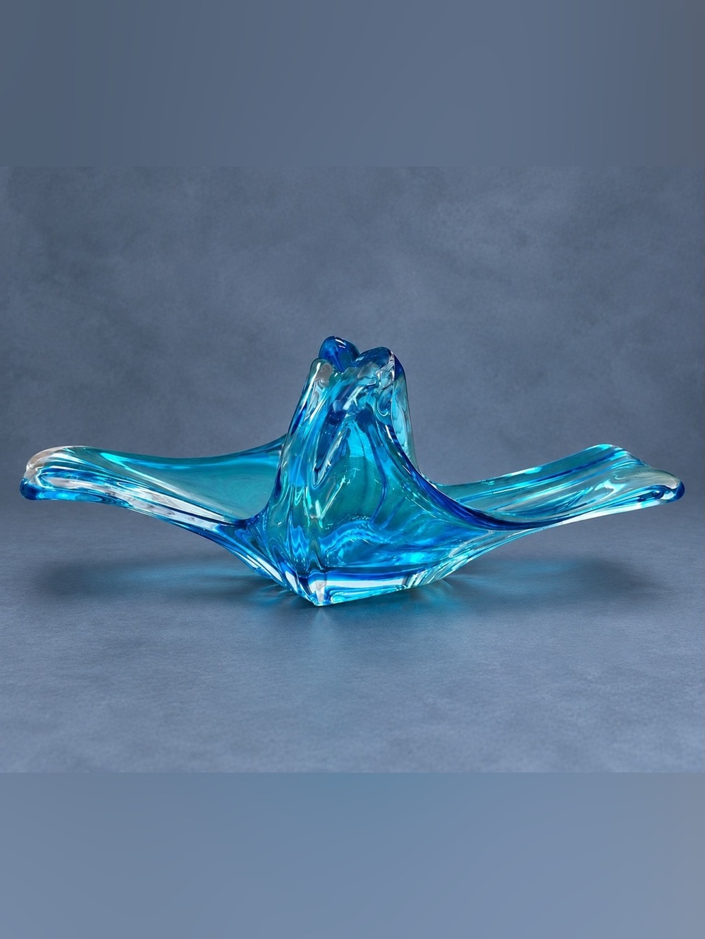 Koshida Japan Vintage Aqua Blue Art Glass Wave Bowl MCM Sculptural Centerpiece